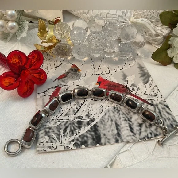 VINTAGE .950 SILVER MAHOGANY OBSIDIAN 9 LINK BRACELET, TOGGLE CLASP 36 GRAMS - Picture 2 of 16